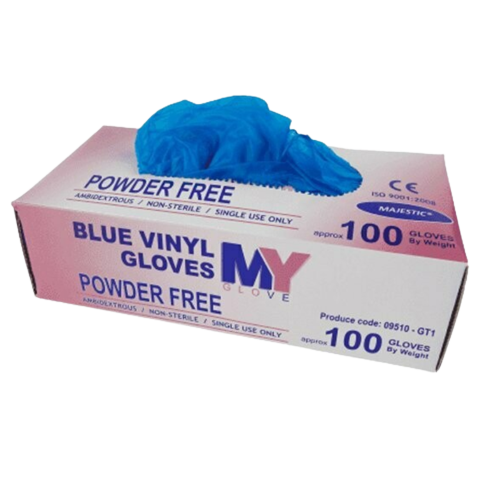 Vinyl Blue Disposable Gloves, Powder Free - Pack of 100 (Large)