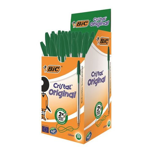 BIC Cristal Original Ballpoint Green Pens, Pack of 50