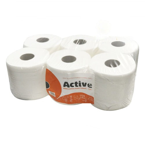 Active Centrefeed Rolls, 2-Ply, White (Pack of 6)