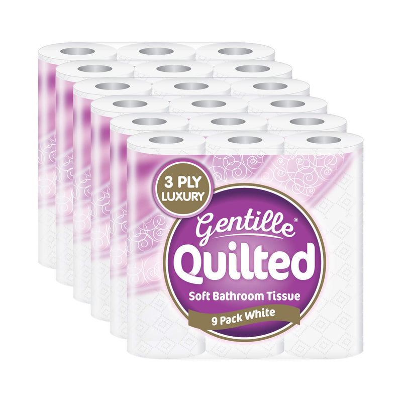 Gentille Quilted 3ply Toilet Rolls White, 54 Rolls (9pk x 6)