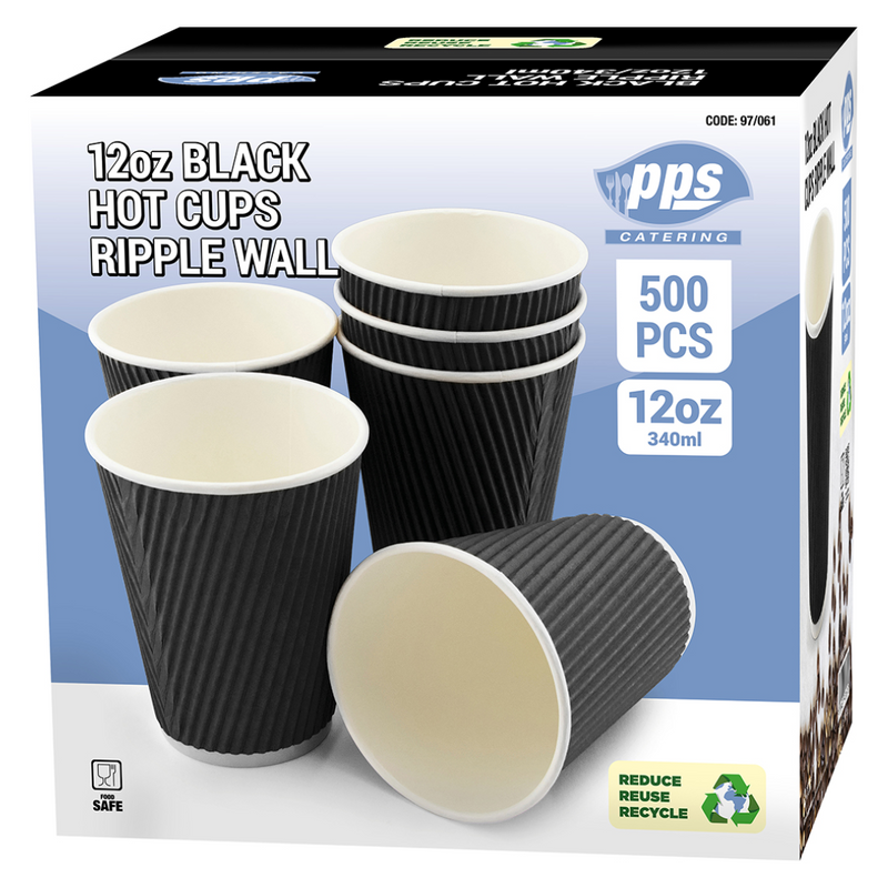 PPS Catering Black Hot Cups Ripple Wall 12oz / 340ml | Full Box of 500