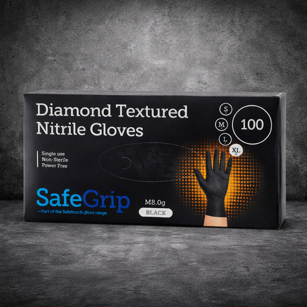 SafeGrip Diamond Grip Heavy Duty 8g Black Nitrile Gloves (100 Pack)