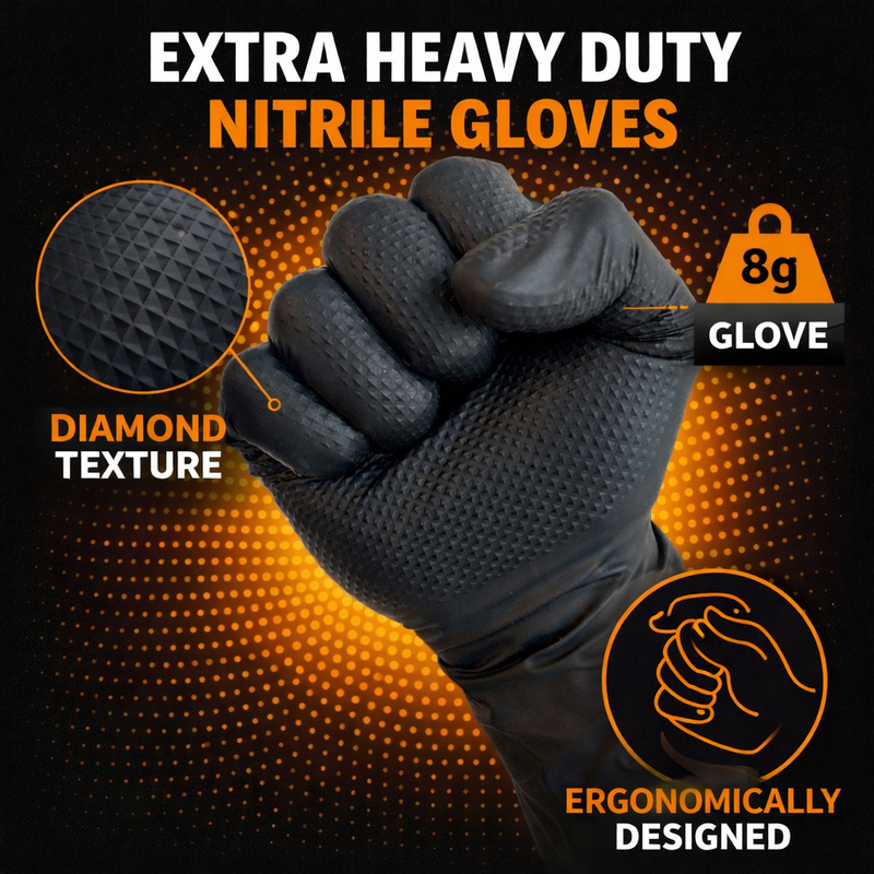 SafeGrip Diamond Grip Heavy Duty 8g Black Nitrile Gloves (100 Pack)