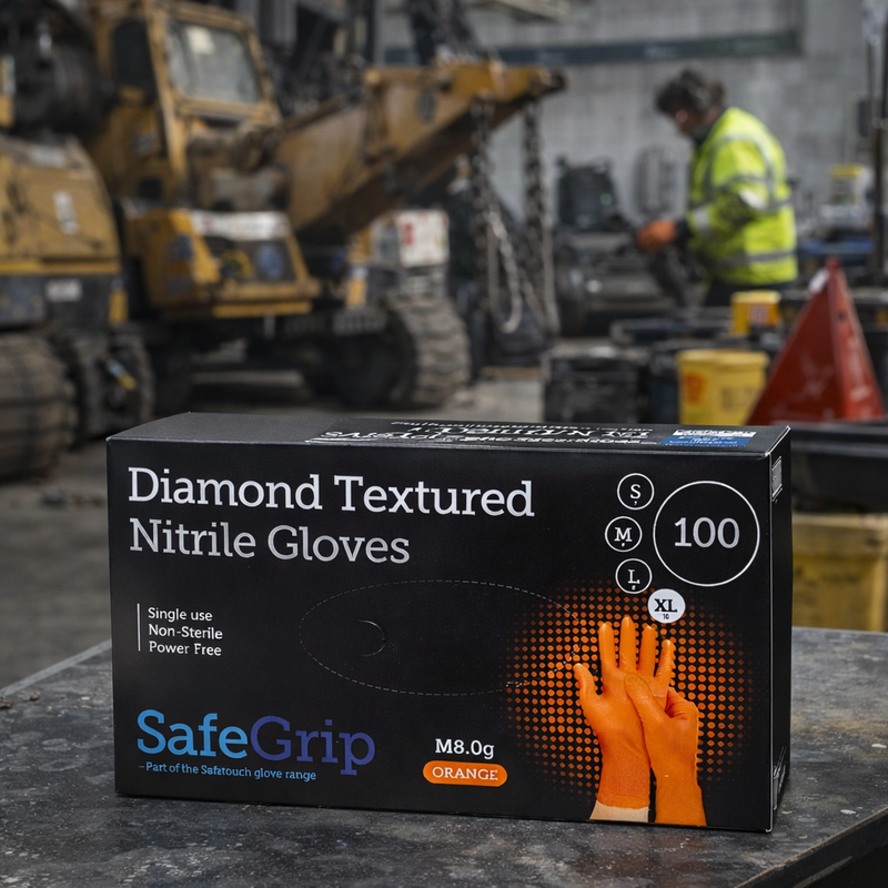 SafeGrip Diamond Grip Heavy Duty 8g Orange Nitrile Gloves (100 Pack)