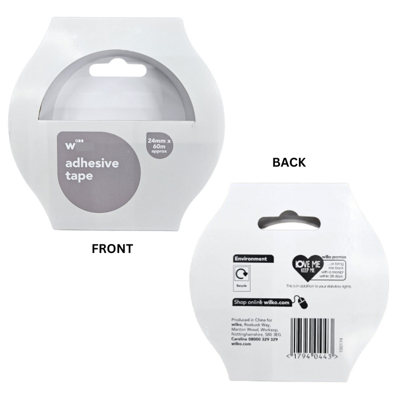 Wilko Clear Adhesive 24mm x 60m Packing Tape (1 Inch) Front Image & Back Image