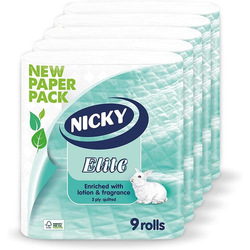 Nicky Elite 3 Ply Quilted Toilet Roll White - 45 Rolls (9pk x 5)