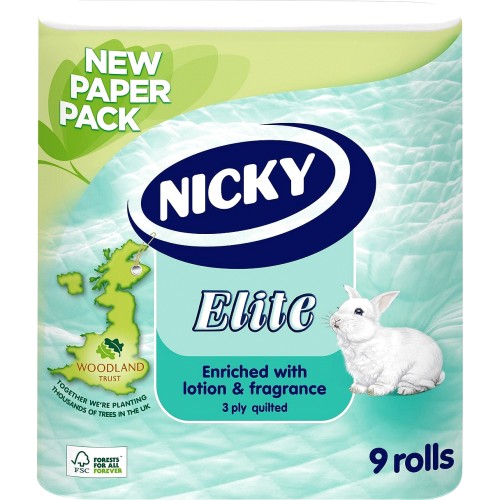 Nicky Elite 3 Ply Quilted Toilet Roll White - Pack of 9Nicky Elite 3 Ply Quilted Toilet Roll White - Pack of 9